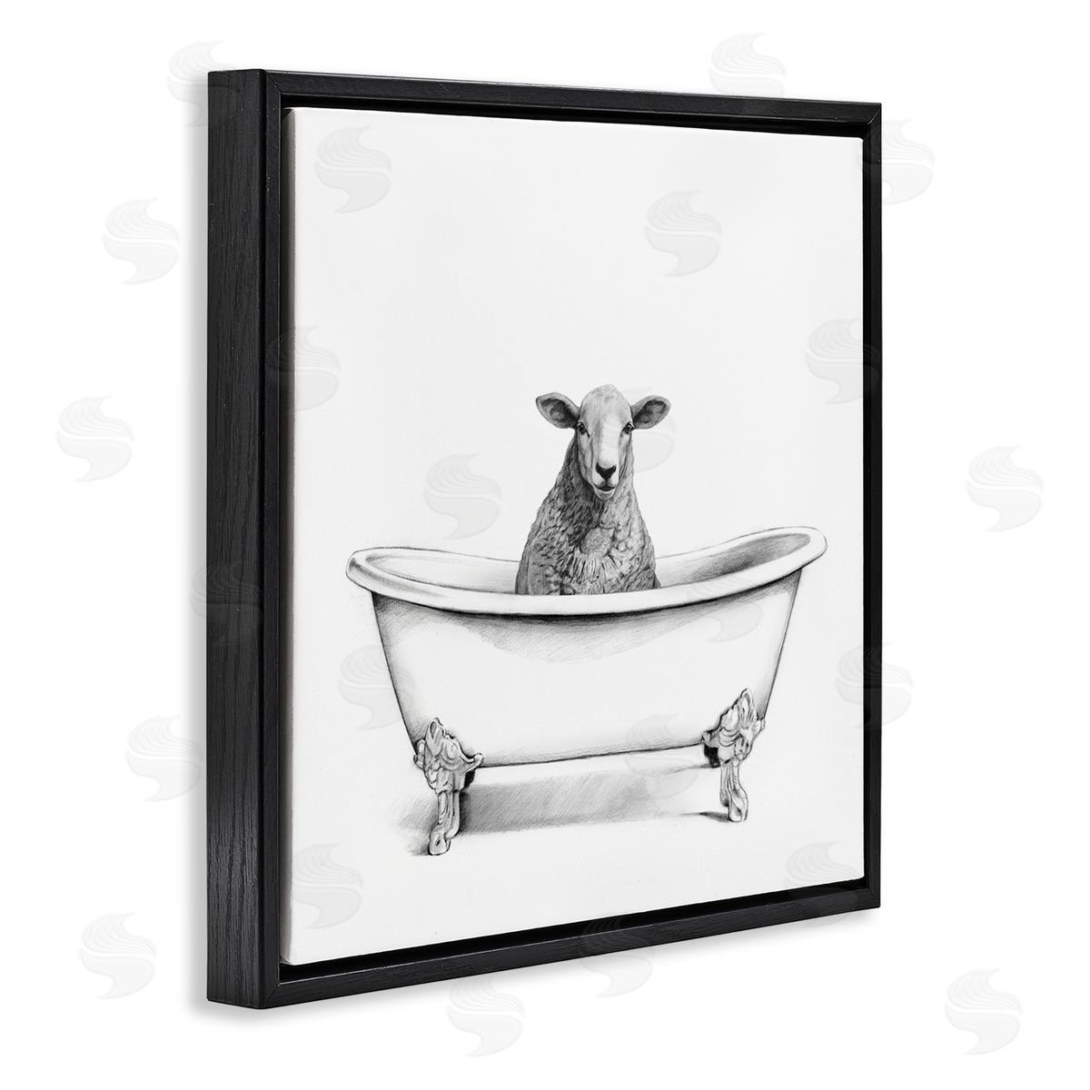 Sheep in Bathtub Sketch Black Floating Frame Canvas Wall Art, Home Decor by Victoria Borges