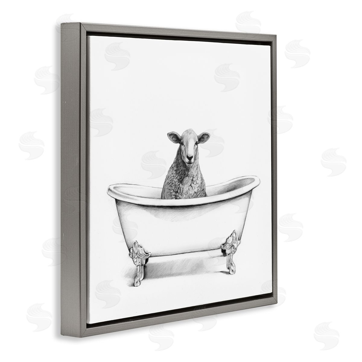 Sheep in Bathtub Sketch Grey Floating Frame Canvas Wall Art, Home Decor by Victoria Borges