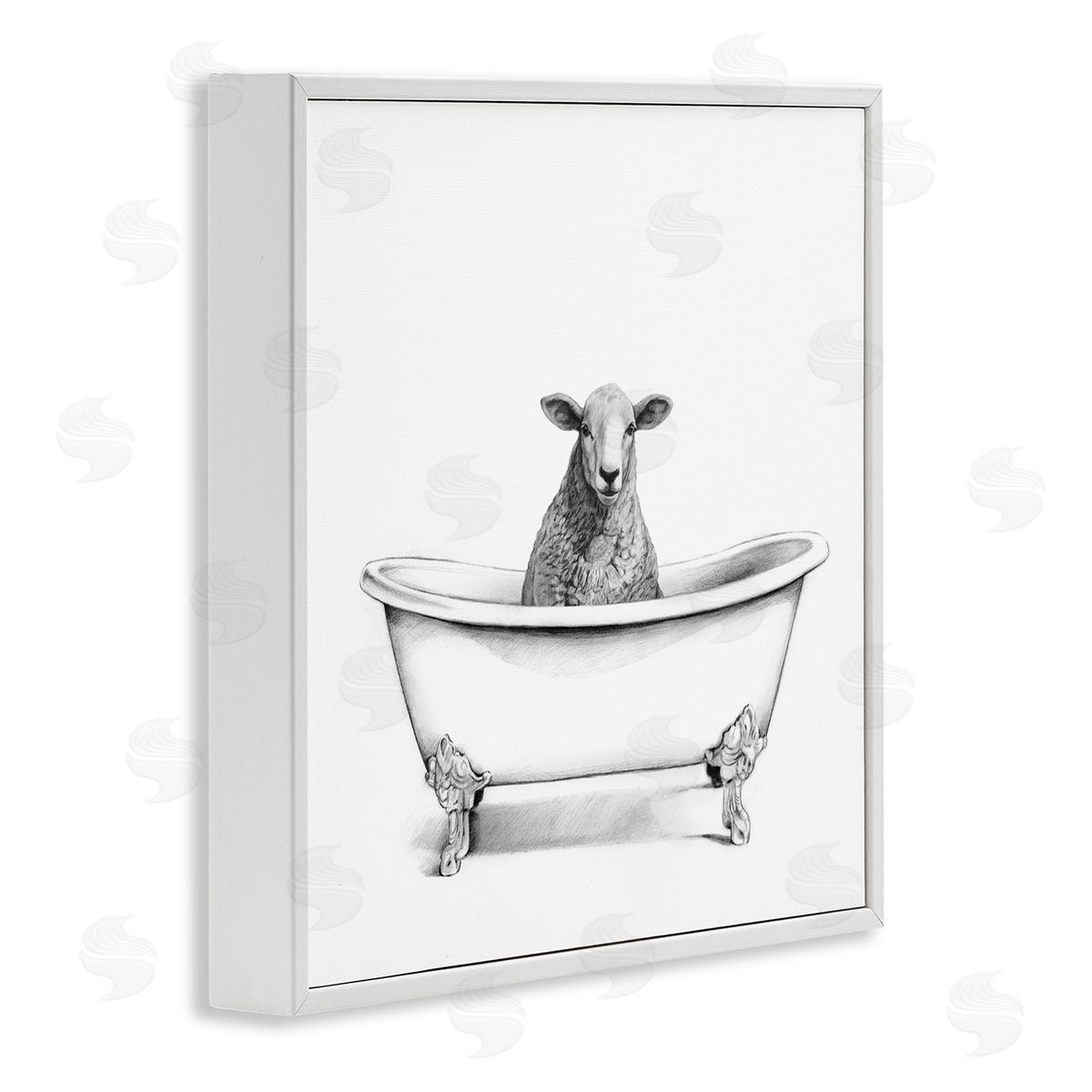 Sheep in Bathtub Sketch White Frame Print Wall Art, Home Decor by Victoria Borges