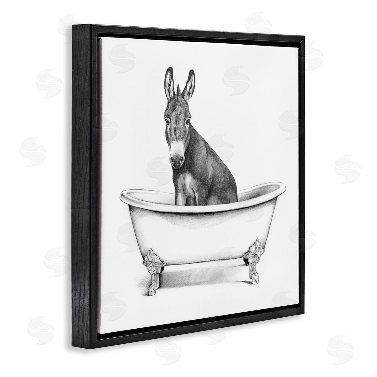 Donkey in Bathtub Sketch Black Floating Frame Canvas Wall Art, Home Decor by Victoria Borges
