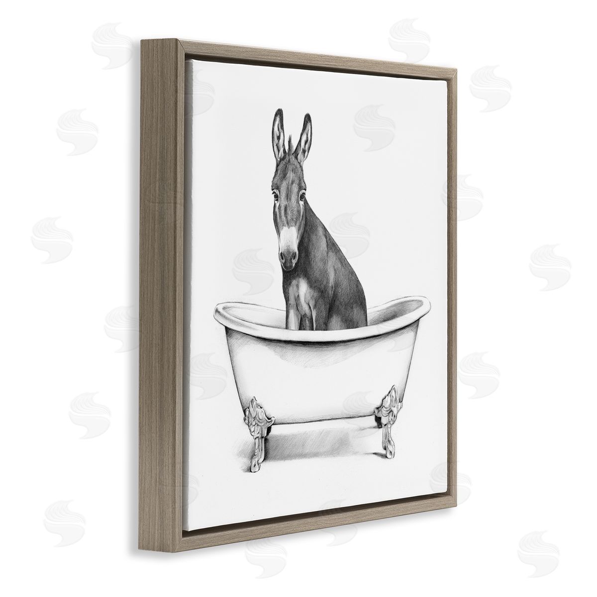 Donkey in Bathtub Sketch Brown Floating Frame Canvas Wall Art, Home Decor by Victoria Borges