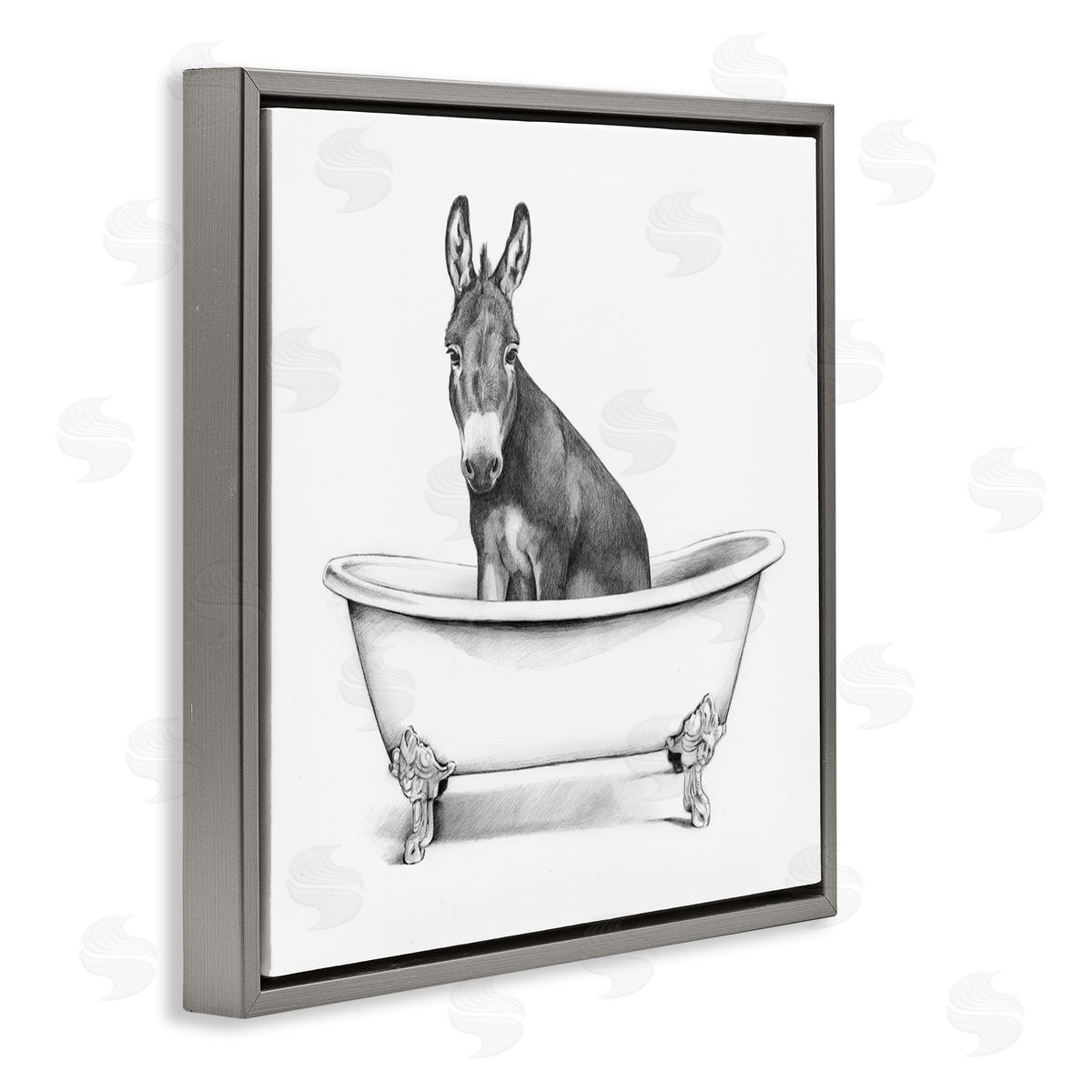 Donkey in Bathtub Sketch Grey Floating Frame Canvas Wall Art, Home Decor by Victoria Borges