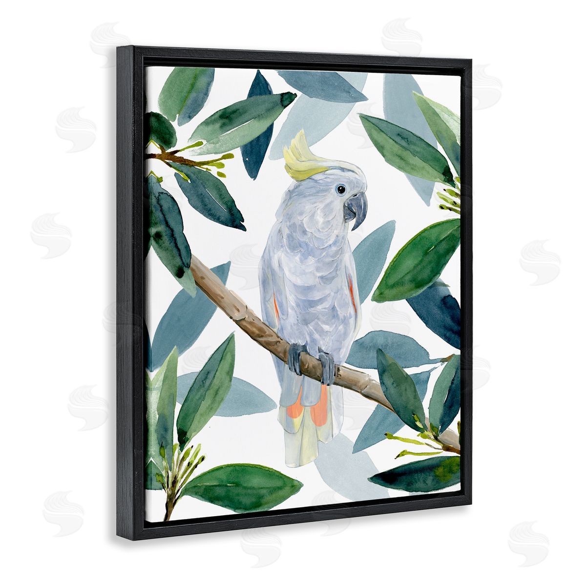 Tropical Cockatoo & Greenery Black Floating Frame Canvas Wall Art, Home Decor by Annie Warren