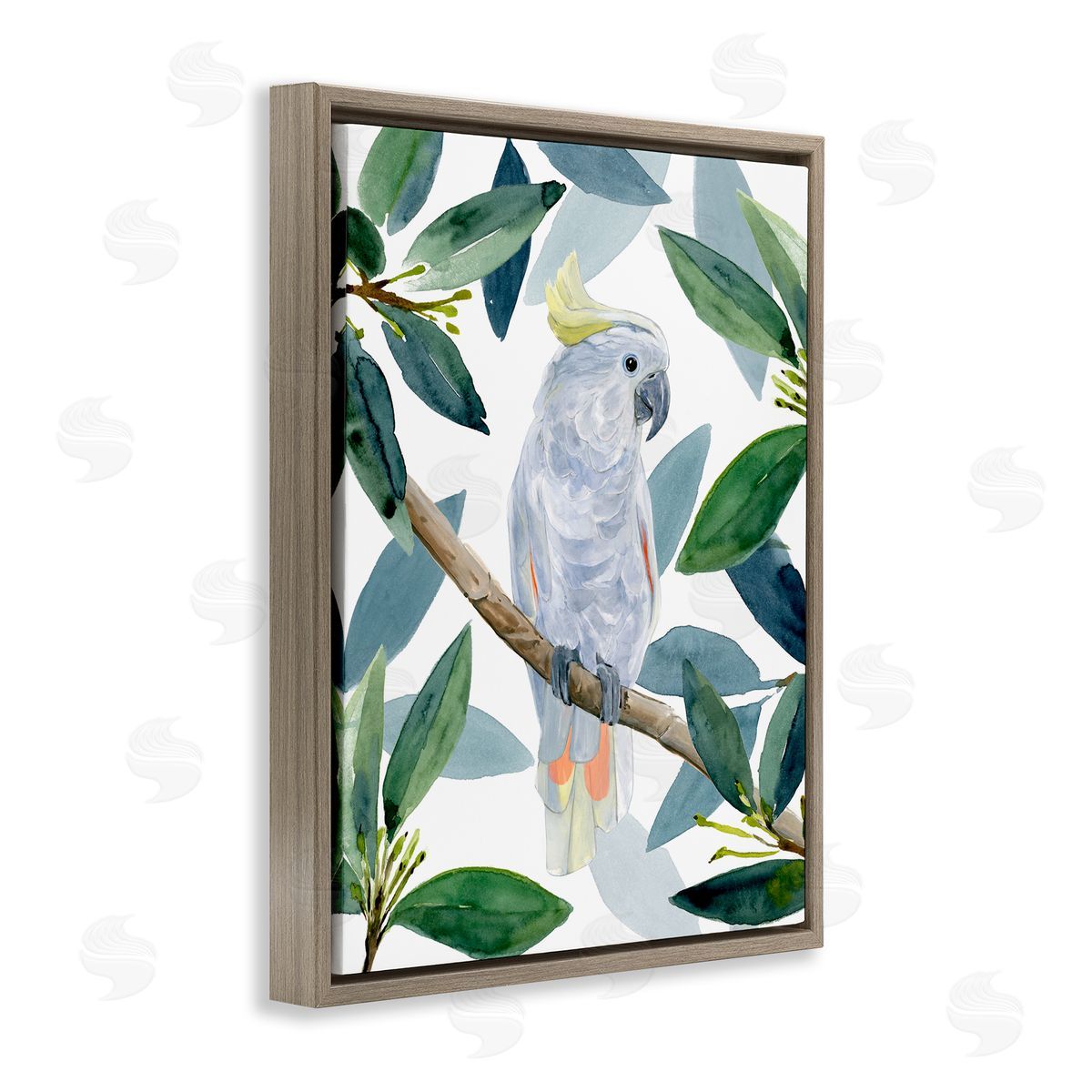 Tropical Cockatoo & Greenery Brown Floating Frame Canvas Wall Art, Home Decor by Annie Warren