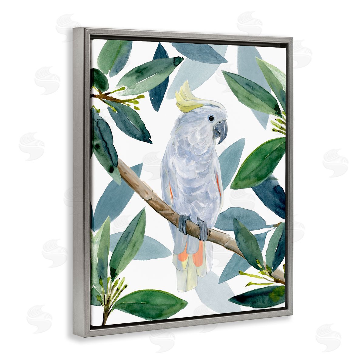 Tropical Cockatoo & Greenery Grey Floating Frame Canvas Wall Art, Home Decor by Annie Warren