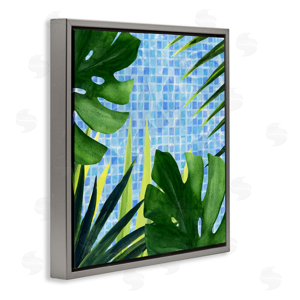 Tropical Poolside Plant Fronds Grey Floating Frame Canvas Wall Art, Home Decor by Annie Warren