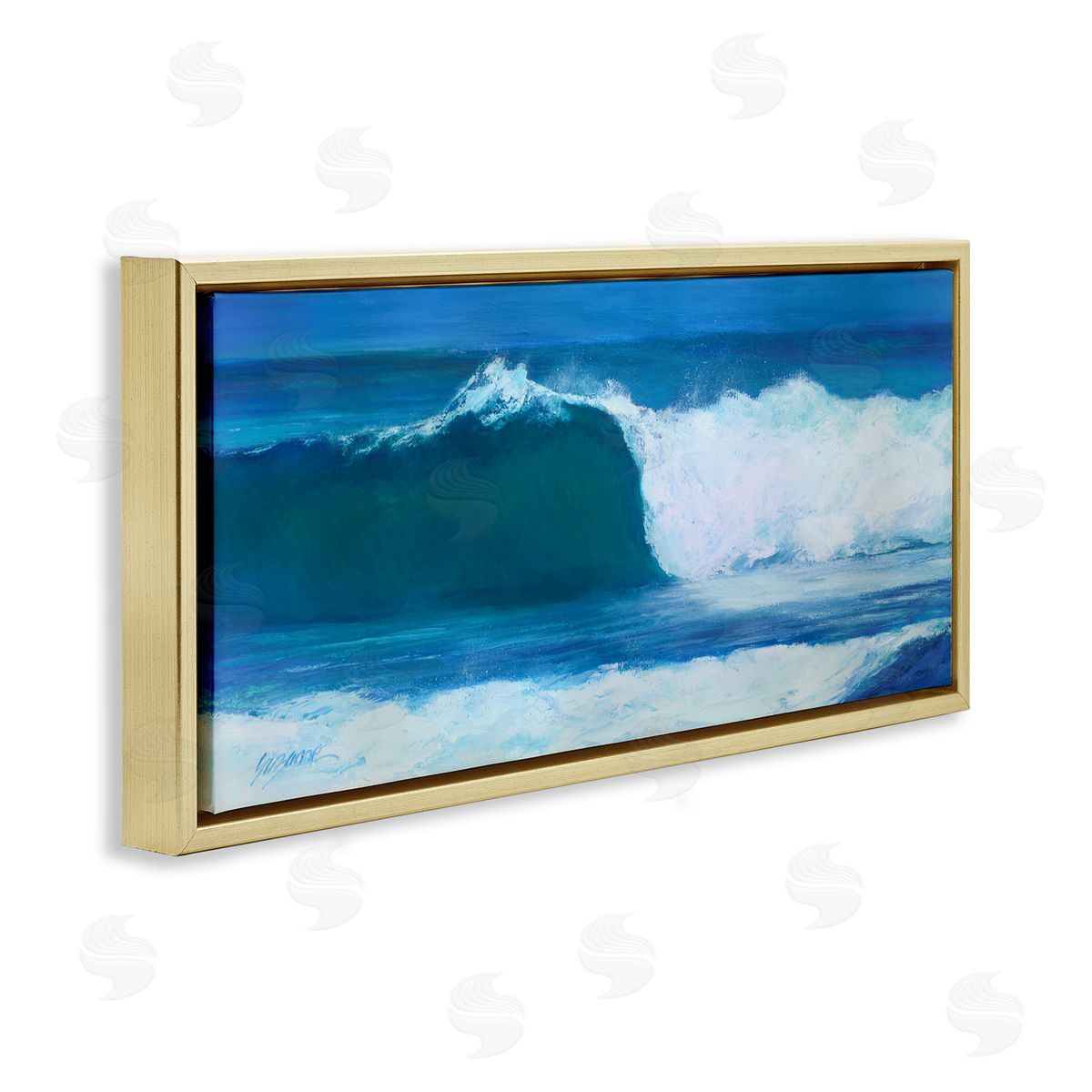 White Crested Beach Wave Gold Floating Frame Canvas Wall Art, Home Decor by Suzanne Wilkins