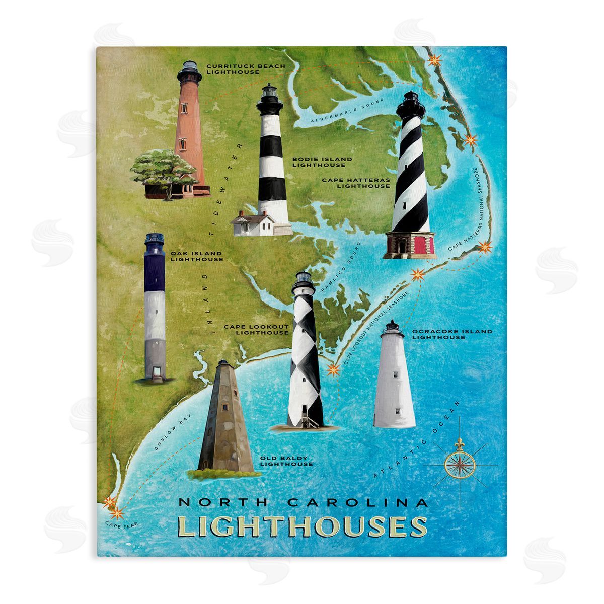 North Carolina Lighthouse Map Canvas Wall Art, Home Decor by Art Licensing Studio