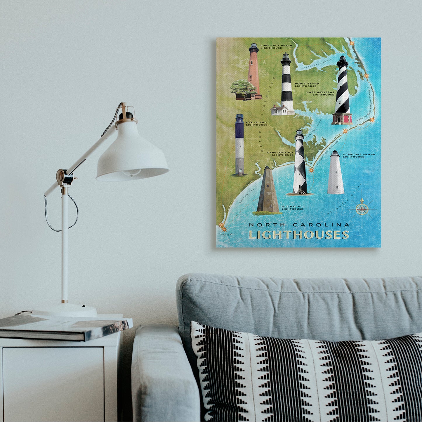 North Carolina Lighthouse Map Canvas Wall Art in Room, Home Decor by Art Licensing Studio