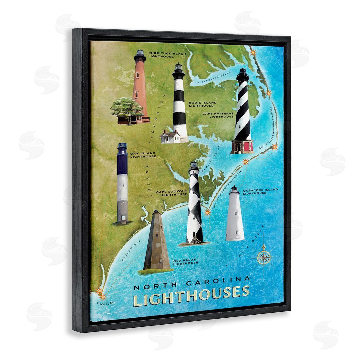 North Carolina Lighthouse Map Black Floating Frame Canvas Wall Art, Home Decor by Art Licensing Studio