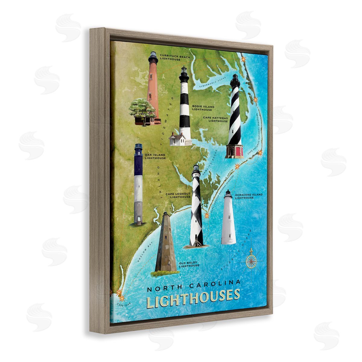 North Carolina Lighthouse Map Brown Floating Frame Canvas Wall Art, Home Decor by Art Licensing Studio