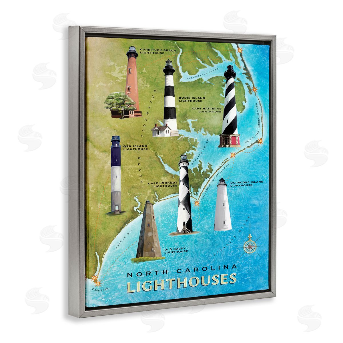 North Carolina Lighthouse Map Grey Floating Frame Canvas Wall Art, Home Decor by Art Licensing Studio
