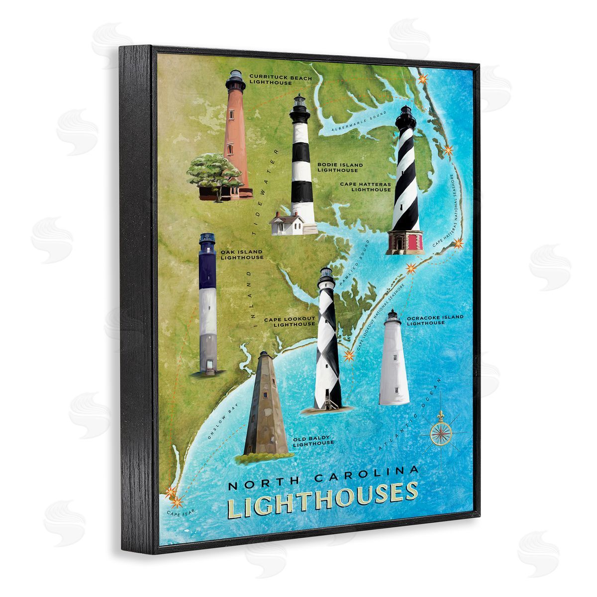 North Carolina Lighthouse Map Black Frame Print Wall Art, Home Decor by Art Licensing Studio