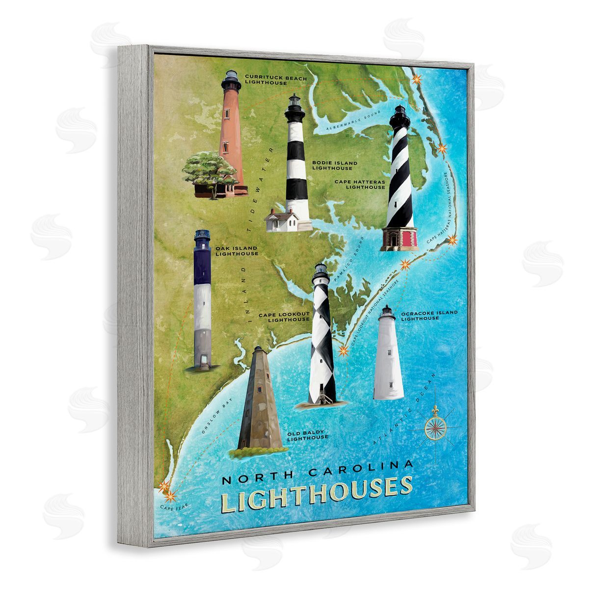 North Carolina Lighthouse Map Grey Frame Print Wall Art, Home Decor by Art Licensing Studio