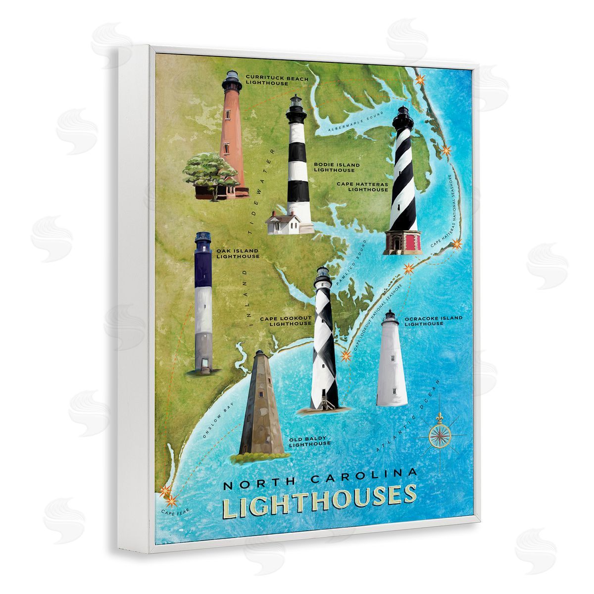 North Carolina Lighthouse Map White Frame Print Wall Art, Home Decor by Art Licensing Studio
