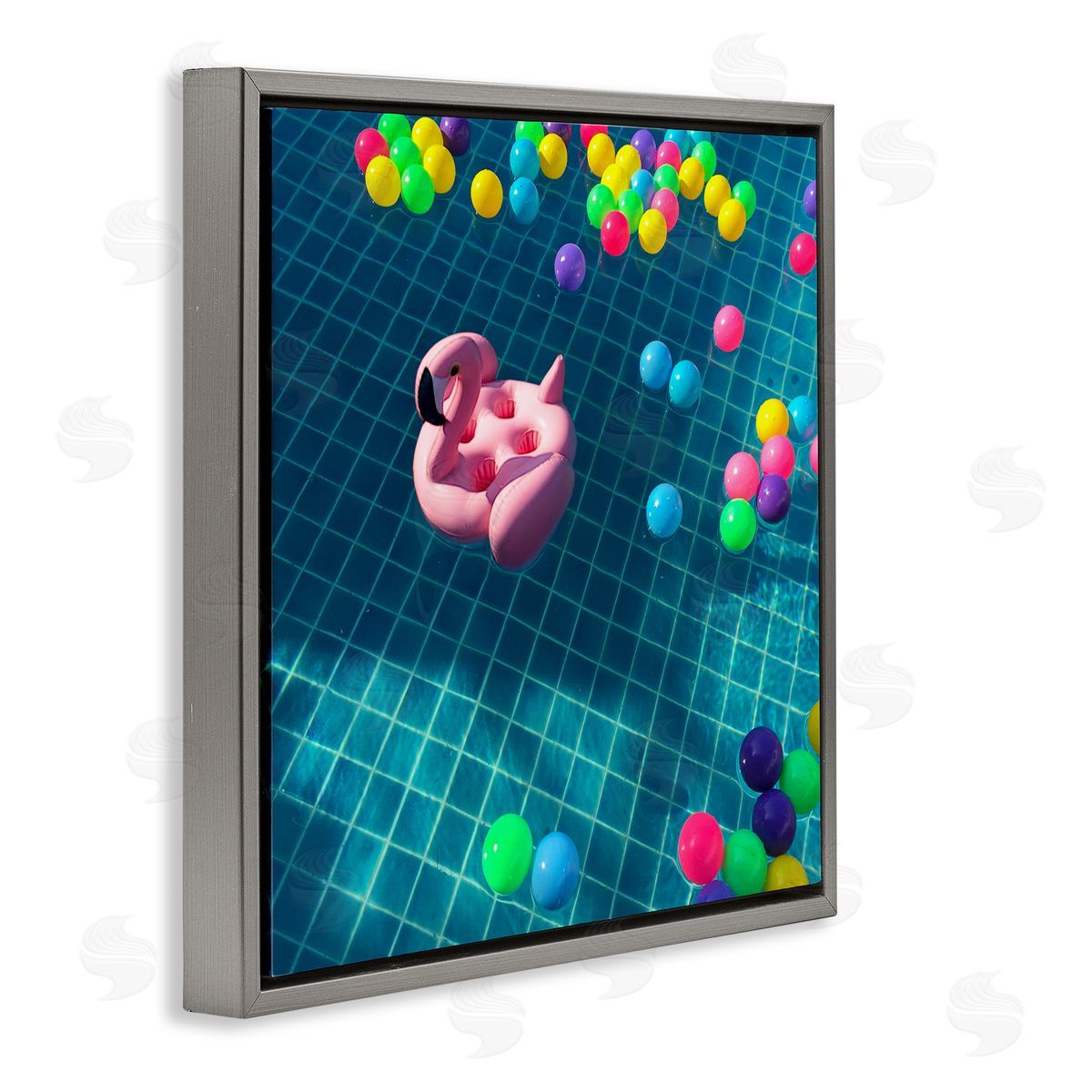 Poolside Pink Flamingo Floatie Grey Floating Frame Canvas Wall Art, Home Decor by Ziwei Li