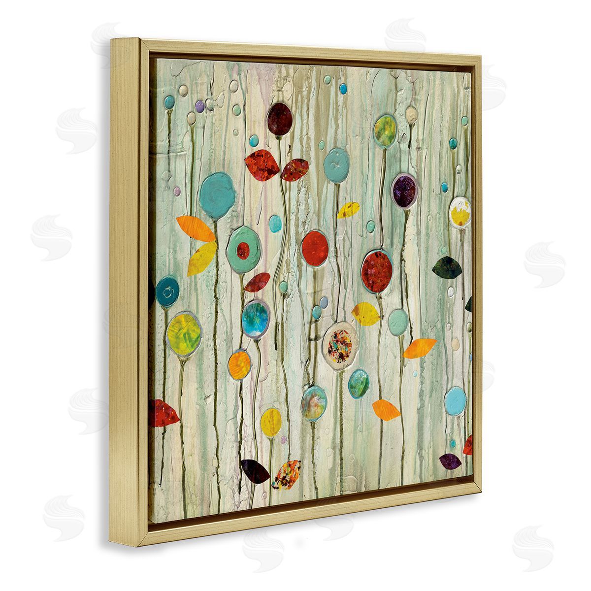 Abstract Whimsical Floral Scene Gold Floating Frame Canvas Wall Art, Home Decor by Classic Collection