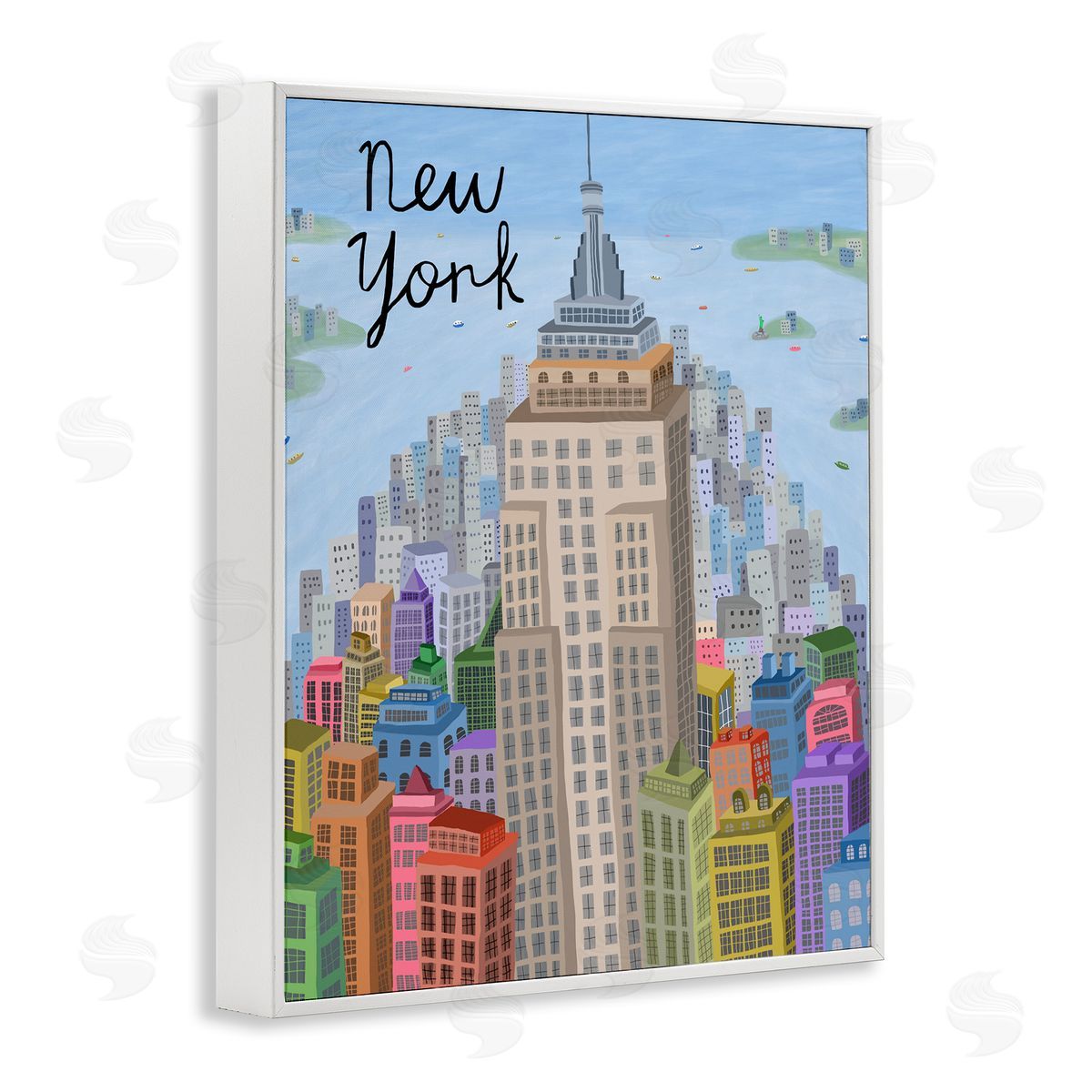 Colorful New York City Skyline White Frame Print Wall Art, Home Decor by Carla Daly