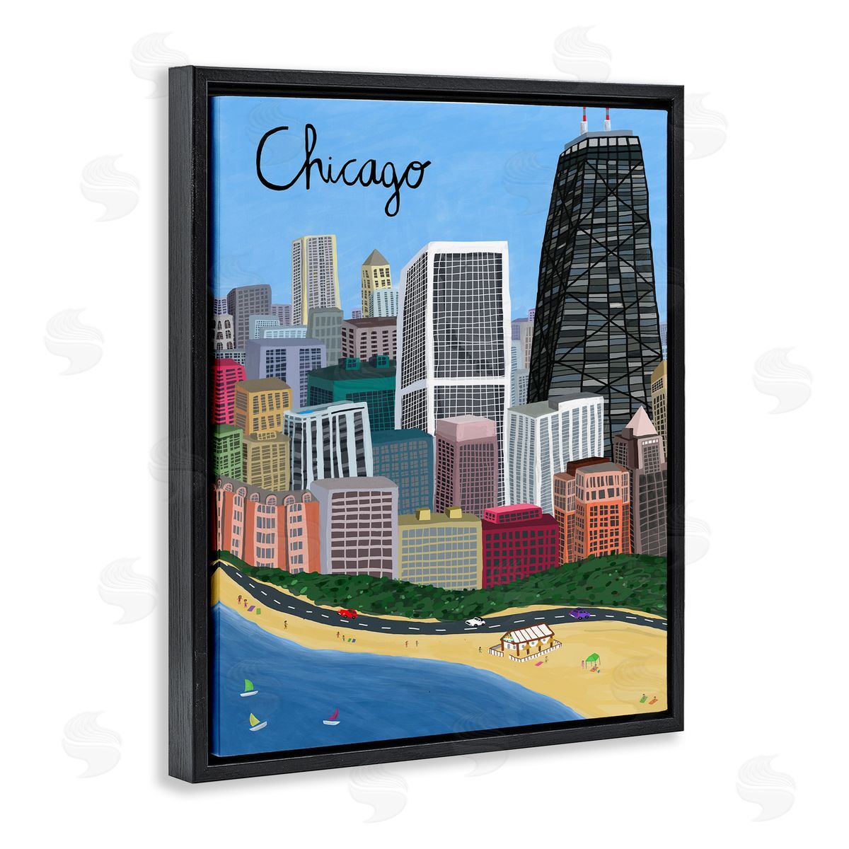 Colorful Chicago Illinois Skyline Black Floating Frame Canvas Wall Art, Home Decor by Carla Daly