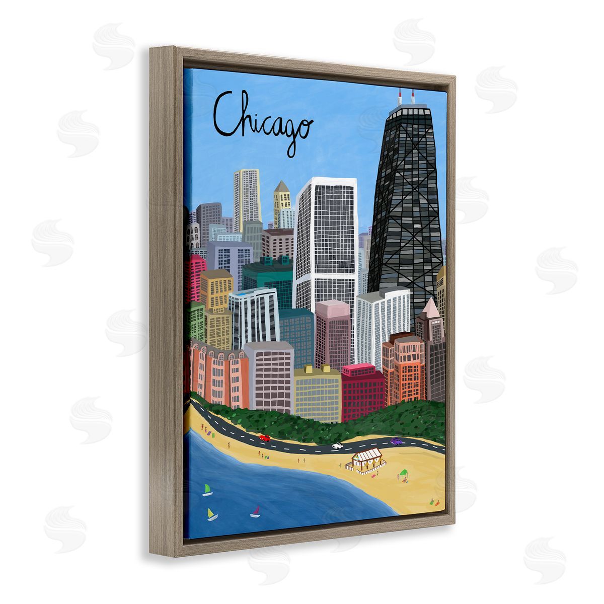 Colorful Chicago Illinois Skyline Brown Floating Frame Canvas Wall Art, Home Decor by Carla Daly