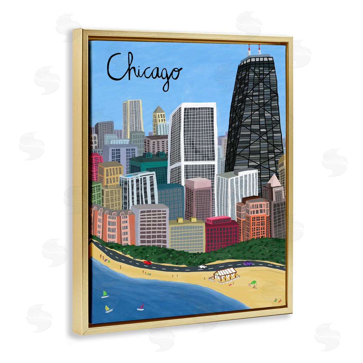 Colorful Chicago Illinois Skyline Gold Floating Frame Canvas Wall Art, Home Decor by Carla Daly