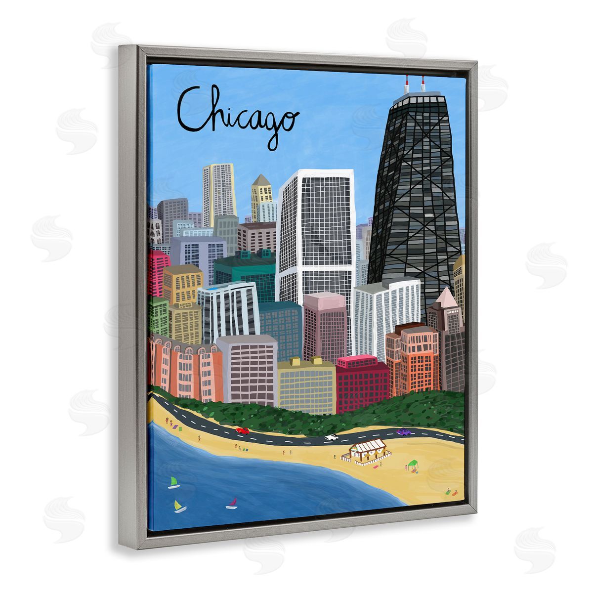 Colorful Chicago Illinois Skyline Grey Floating Frame Canvas Wall Art, Home Decor by Carla Daly