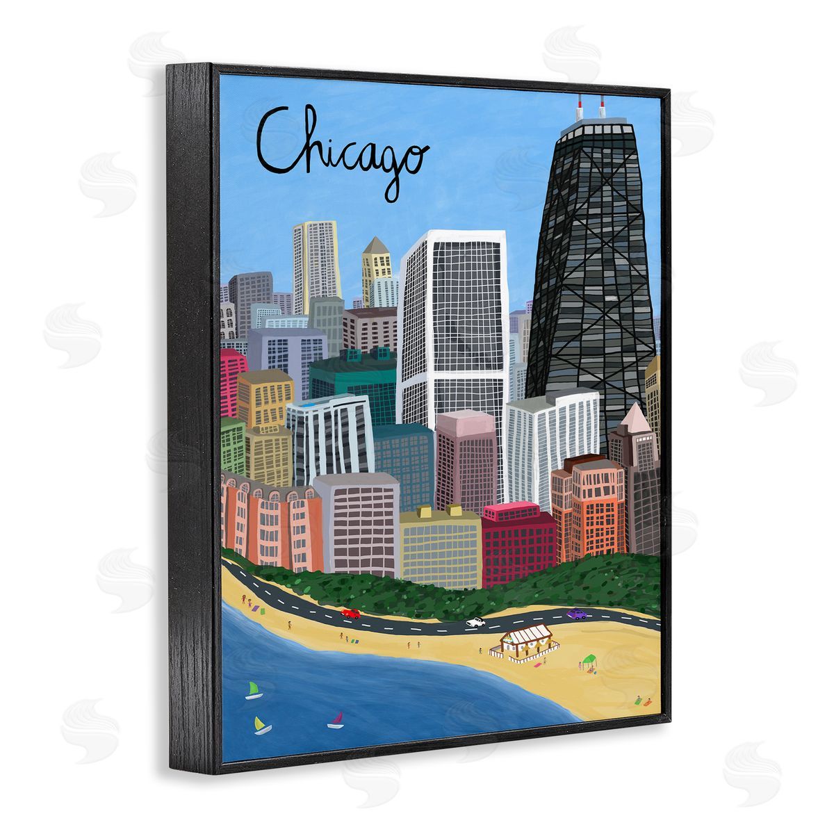 Colorful Chicago Illinois Skyline Black Frame Print Wall Art, Home Decor by Carla Daly