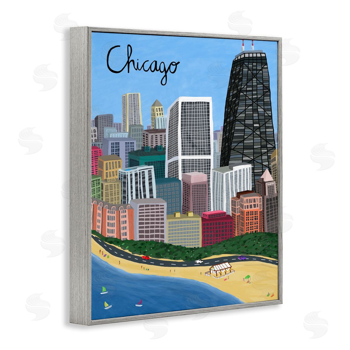Colorful Chicago Illinois Skyline Grey Frame Print Wall Art, Home Decor by Carla Daly