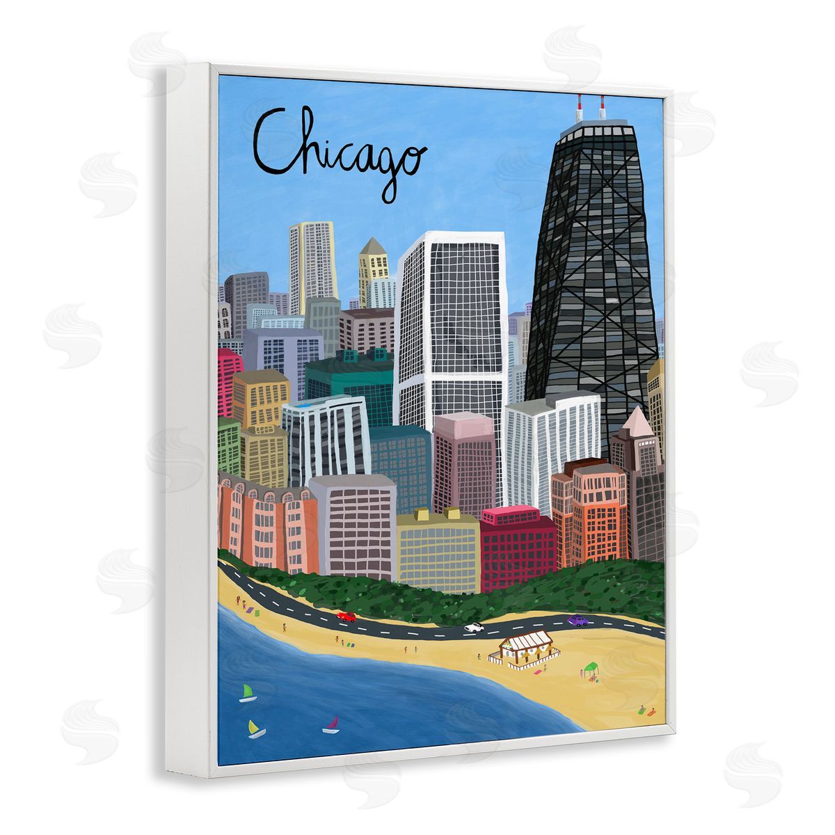 Colorful Chicago Illinois Skyline White Frame Print Wall Art, Home Decor by Carla Daly