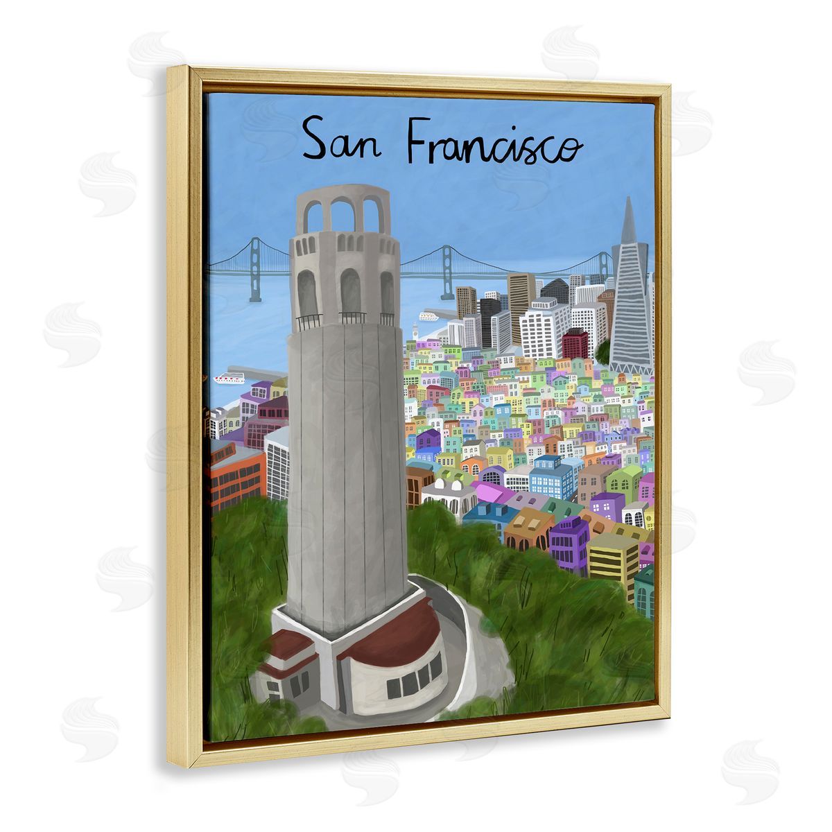 Colorful San Francisco California Gold Floating Frame Canvas Wall Art, Home Decor by Carla Daly