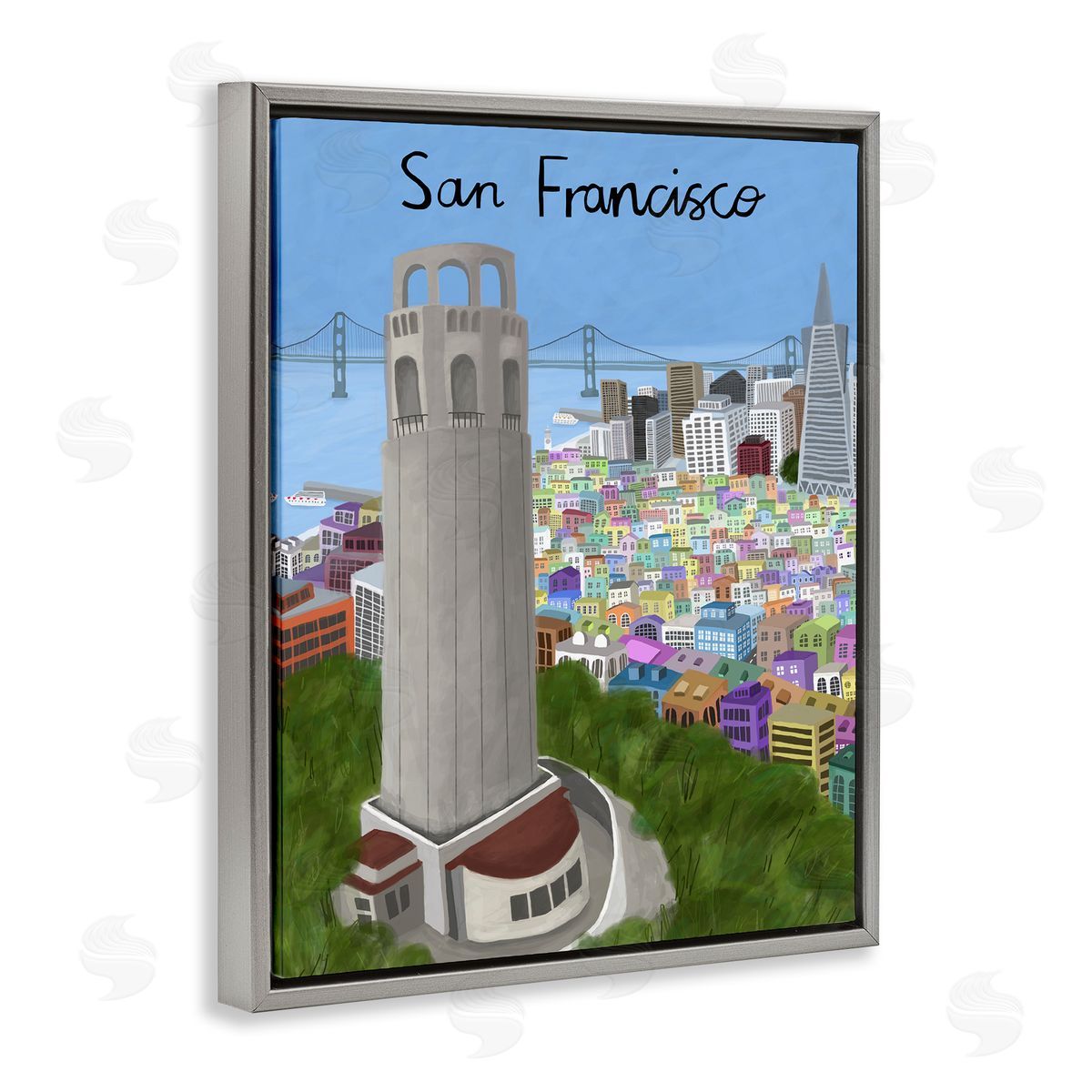Colorful San Francisco California Grey Floating Frame Canvas Wall Art, Home Decor by Carla Daly