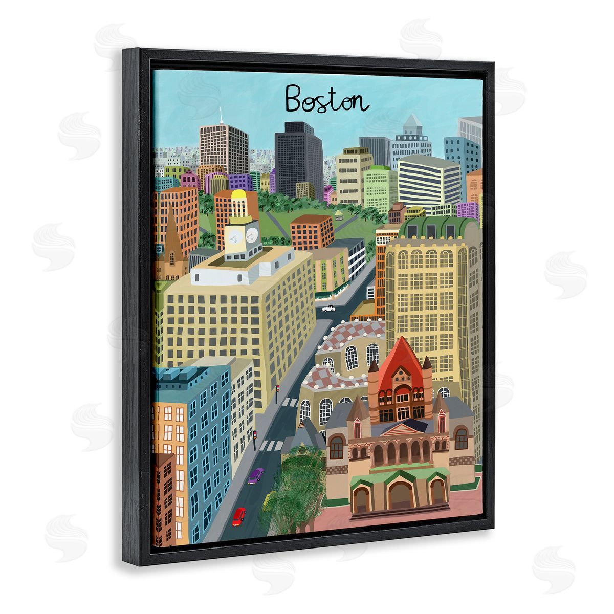 Colorful Boston Massachusetts Skyline Black Floating Frame Canvas Wall Art, Home Decor by Carla Daly