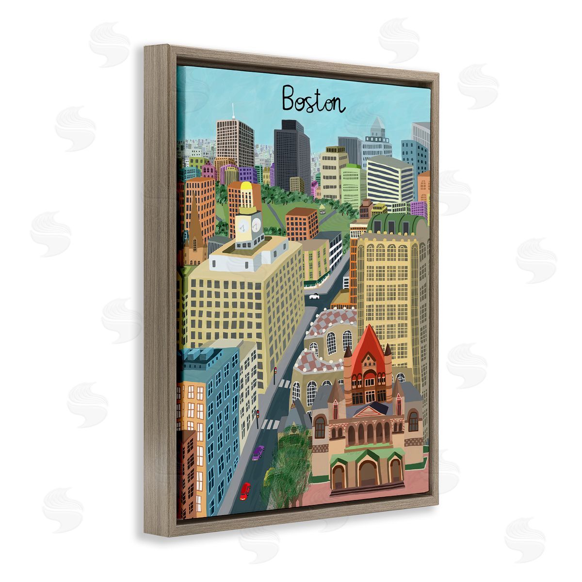 Colorful Boston Massachusetts Skyline Brown Floating Frame Canvas Wall Art, Home Decor by Carla Daly