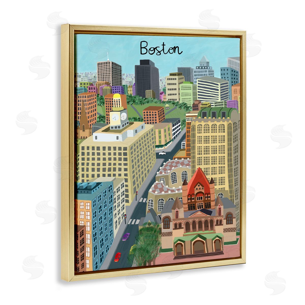 Colorful Boston Massachusetts Skyline Gold Floating Frame Canvas Wall Art, Home Decor by Carla Daly