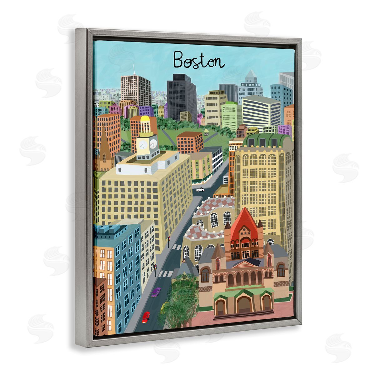 Colorful Boston Massachusetts Skyline Grey Floating Frame Canvas Wall Art, Home Decor by Carla Daly