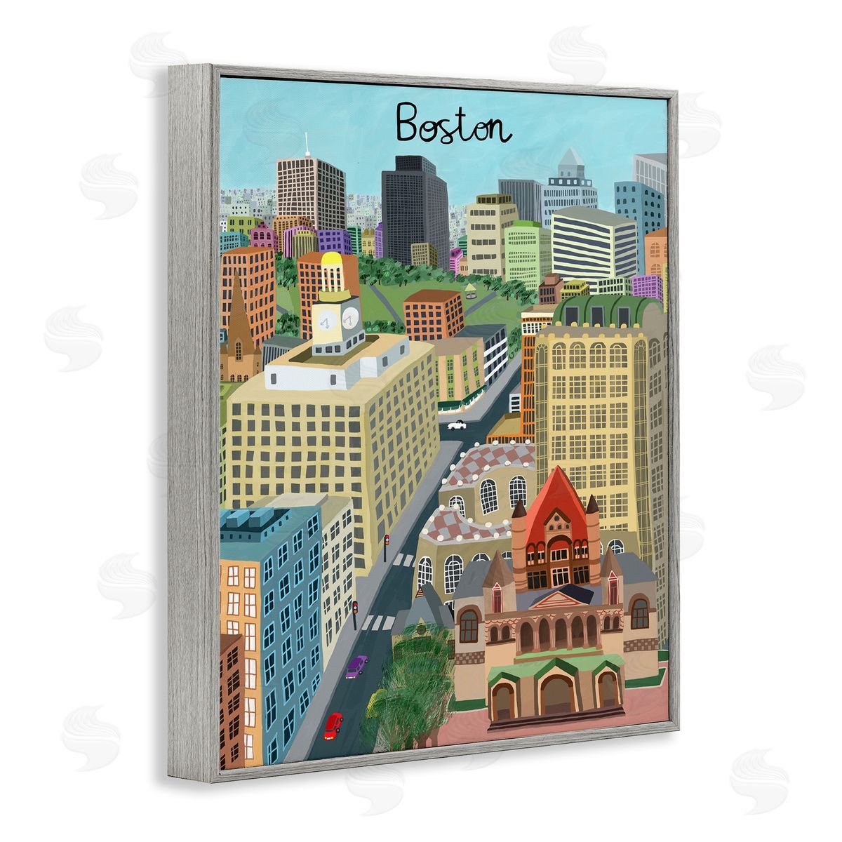 Colorful Boston Massachusetts Skyline Grey Frame Print Wall Art, Home Decor by Carla Daly