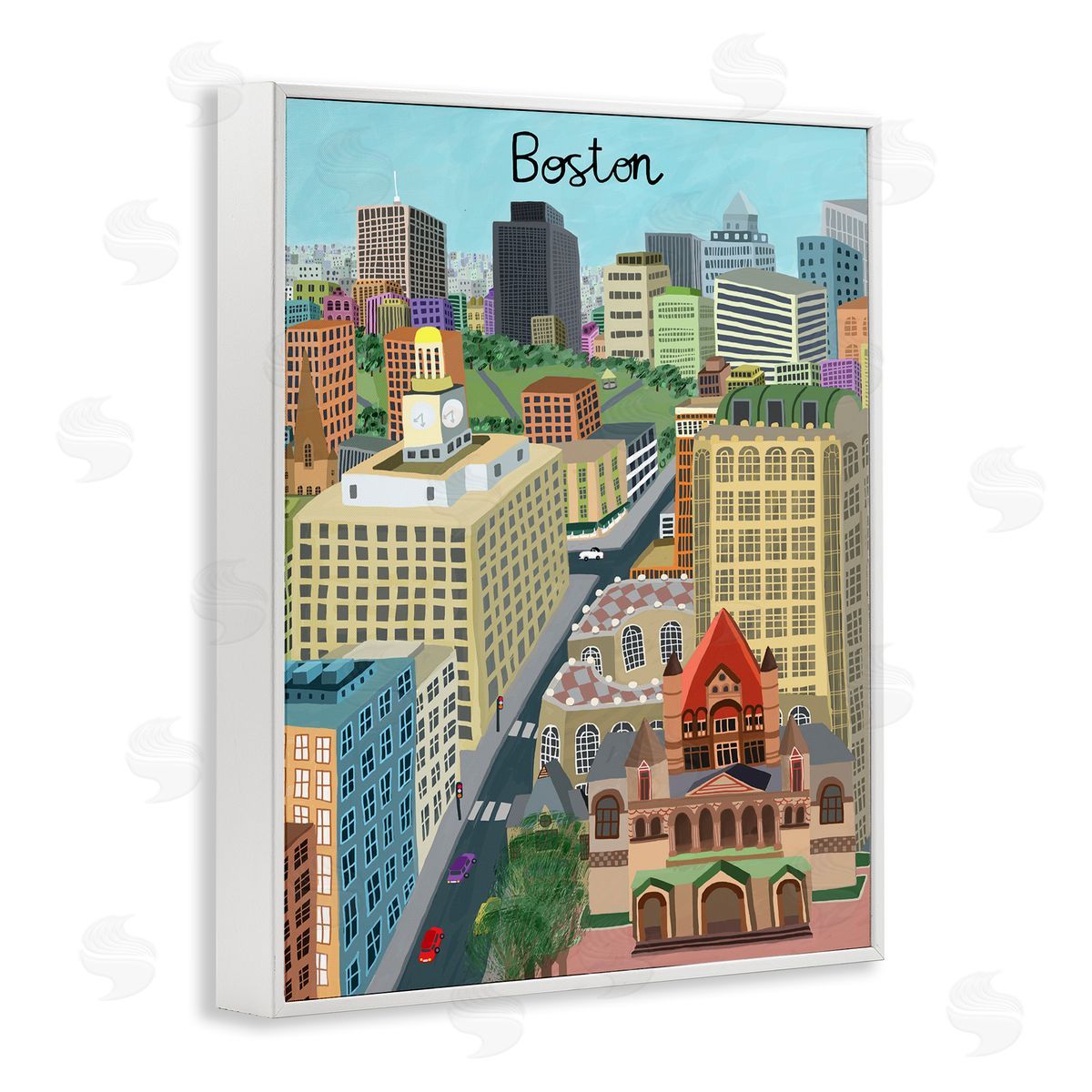Colorful Boston Massachusetts Skyline White Frame Print Wall Art, Home Decor by Carla Daly