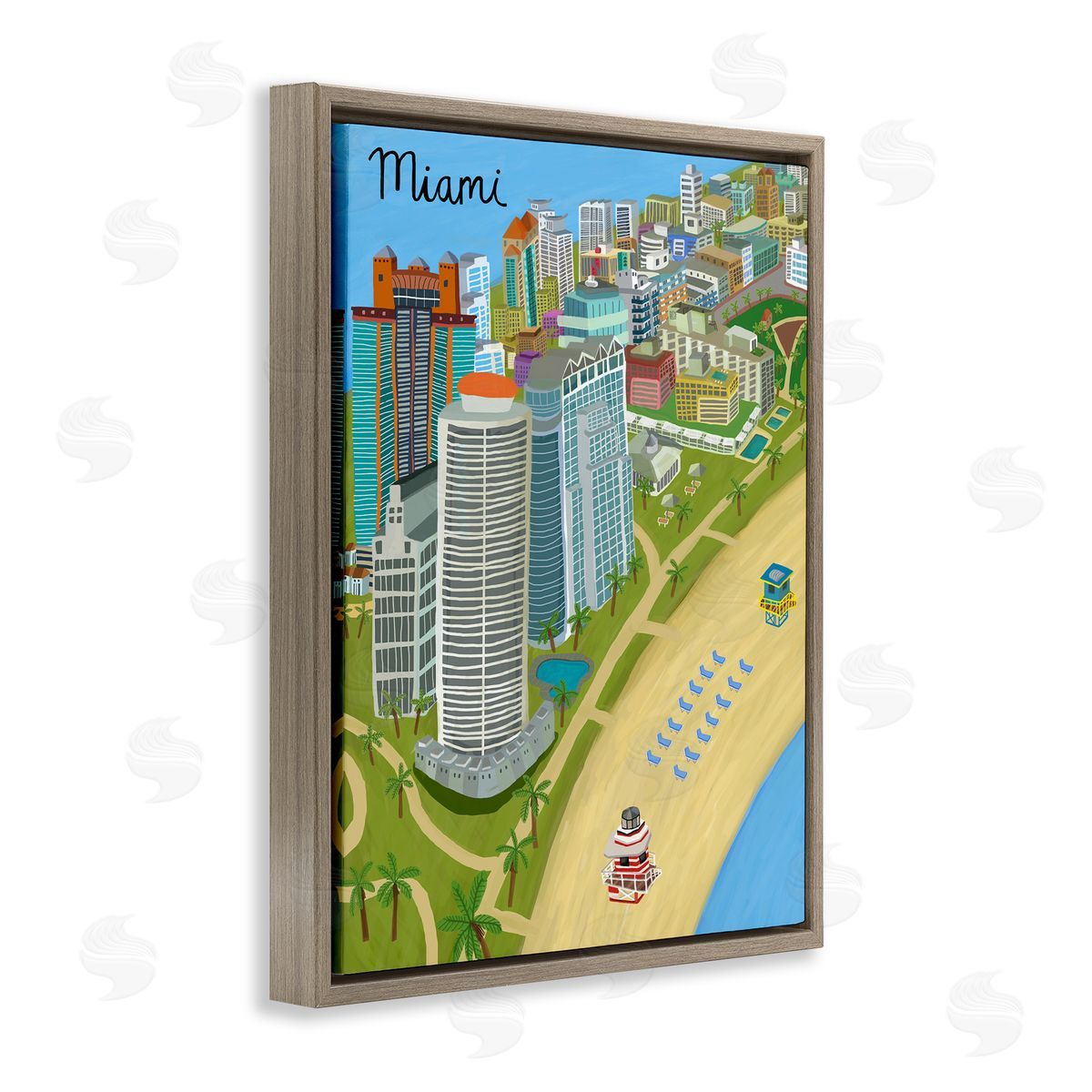 Colorful Miami Florida Beach Brown Floating Frame Canvas Wall Art, Home Decor by Carla Daly