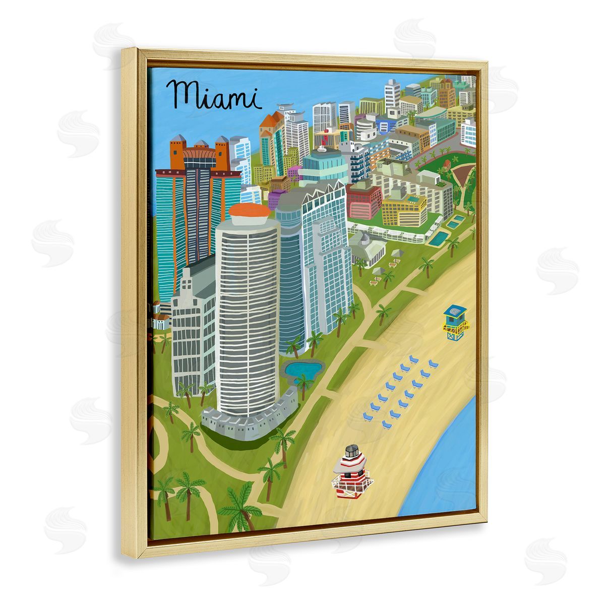 Colorful Miami Florida Beach Gold Floating Frame Canvas Wall Art, Home Decor by Carla Daly