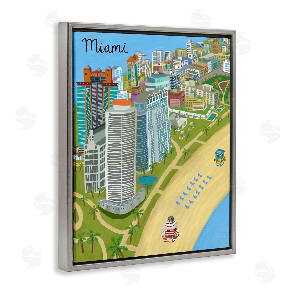 Colorful Miami Florida Beach Grey Floating Frame Canvas Wall Art, Home Decor by Carla Daly