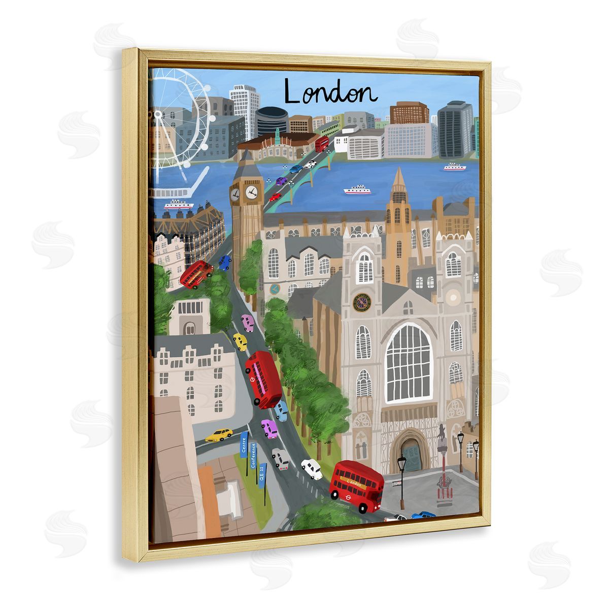 Colorful London England Landmarks Gold Floating Frame Canvas Wall Art, Home Decor by Carla Daly