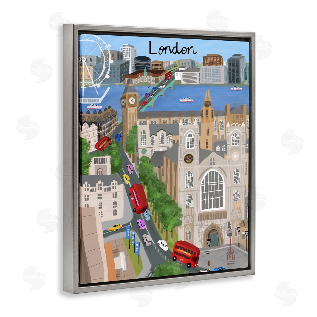 Colorful London England Landmarks Grey Floating Frame Canvas Wall Art, Home Decor by Carla Daly