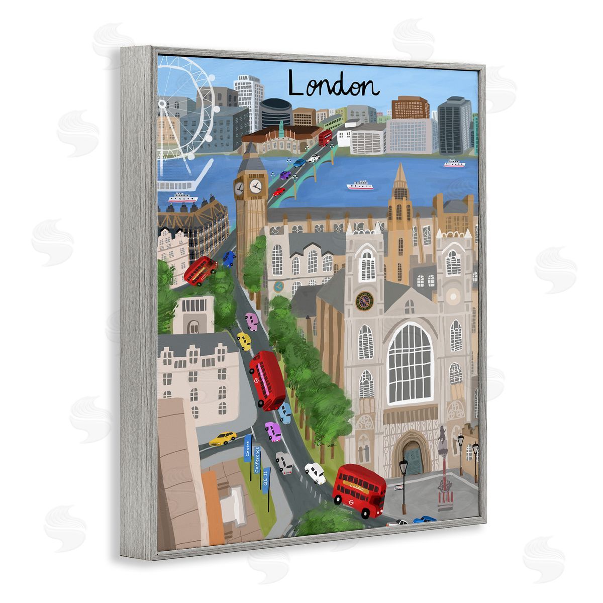 Colorful London England Landmarks Grey Frame Print Wall Art, Home Decor by Carla Daly
