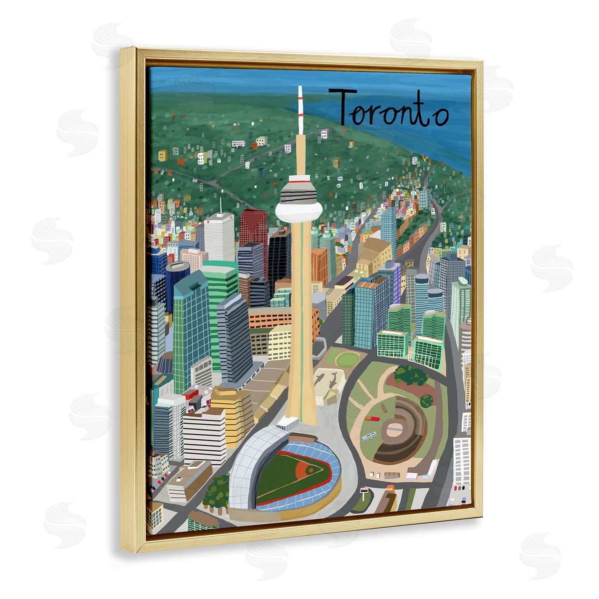 Colorful Toronto Canada Landmarks Gold Floating Frame Canvas Wall Art, Home Decor by Carla Daly