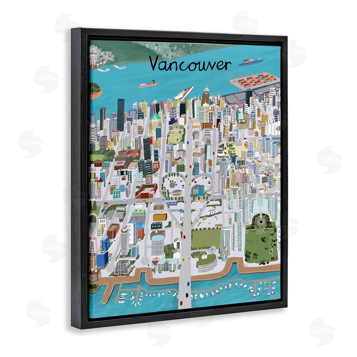 Colorful Vancouver Canada Landmarks Black Floating Frame Canvas Wall Art, Home Decor by Carla Daly