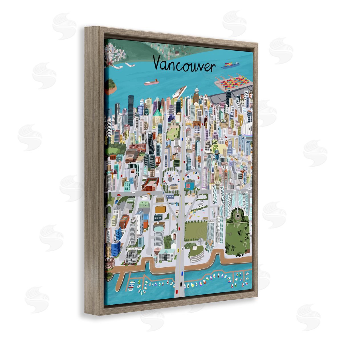 Colorful Vancouver Canada Landmarks Brown Floating Frame Canvas Wall Art, Home Decor by Carla Daly