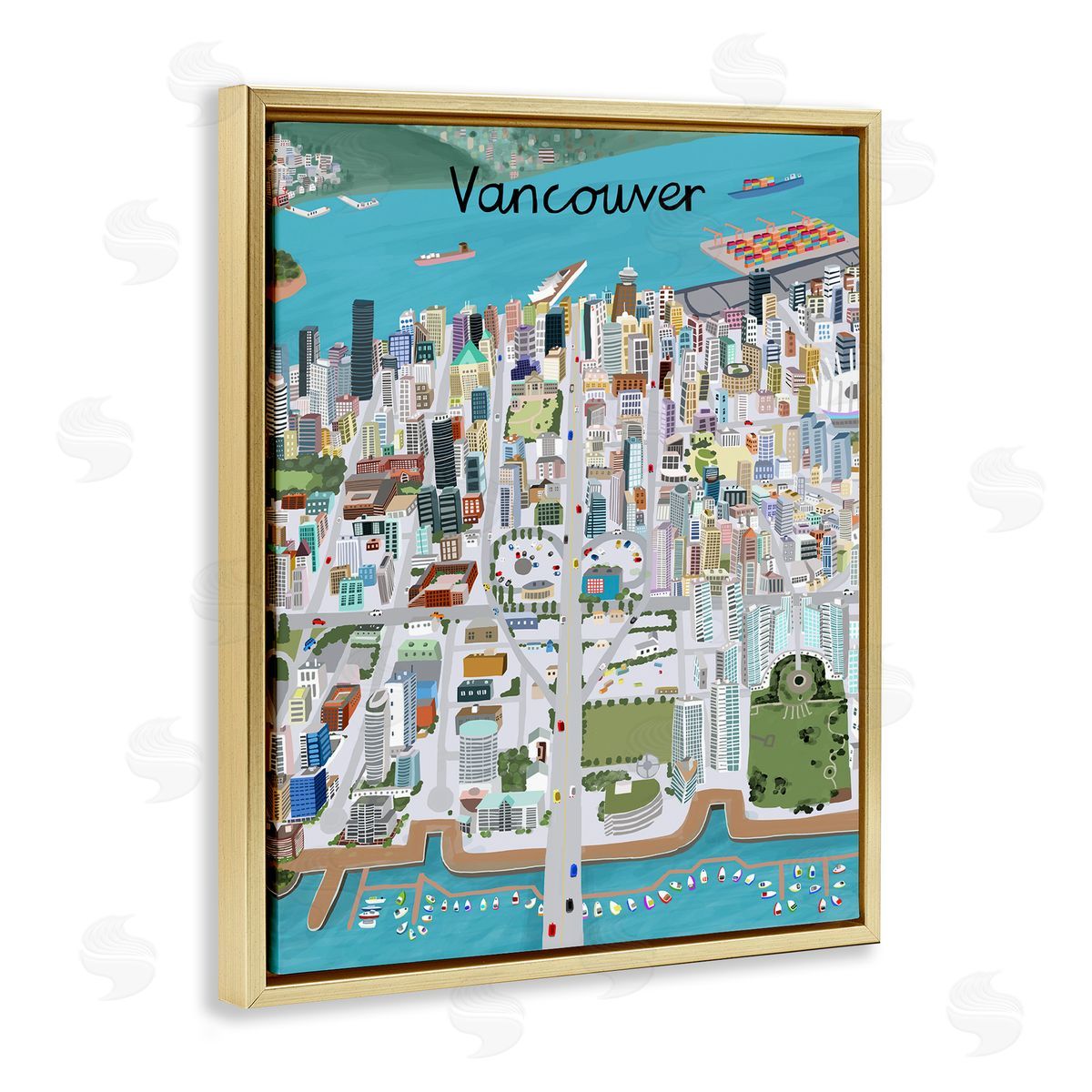 Colorful Vancouver Canada Landmarks Gold Floating Frame Canvas Wall Art, Home Decor by Carla Daly