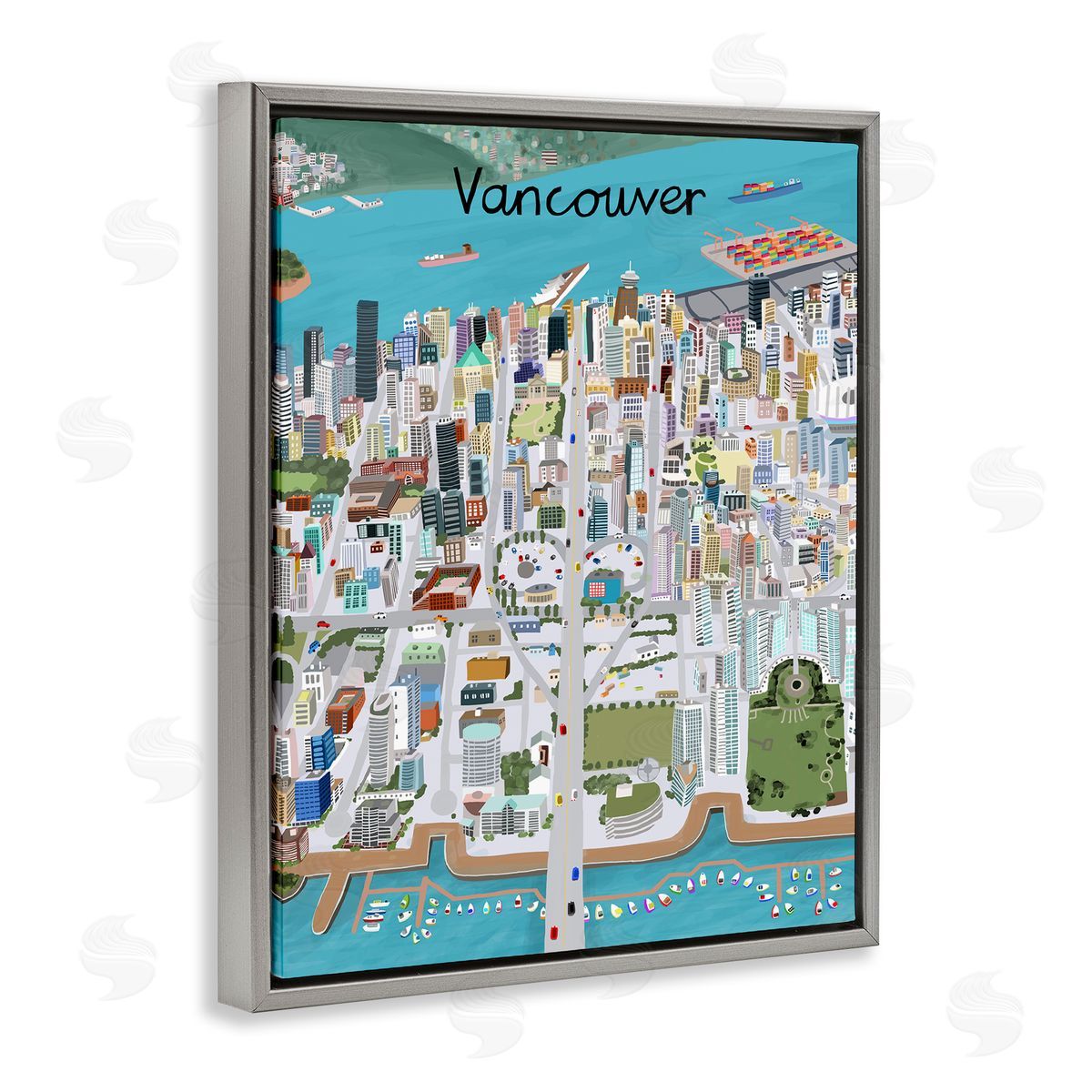 Colorful Vancouver Canada Landmarks Grey Floating Frame Canvas Wall Art, Home Decor by Carla Daly