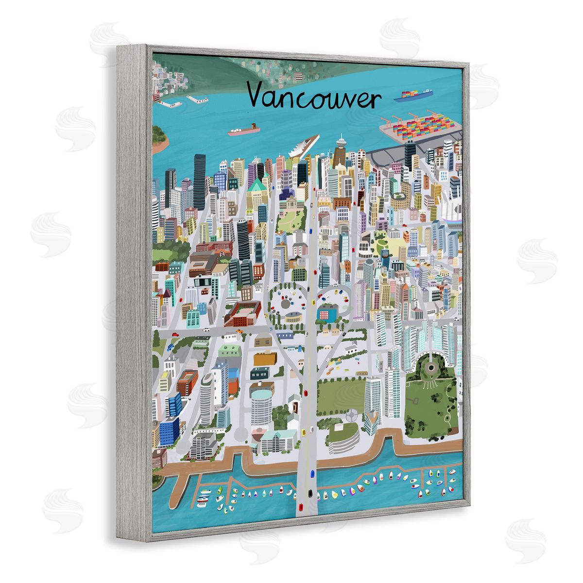 Colorful Vancouver Canada Landmarks Grey Frame Print Wall Art, Home Decor by Carla Daly