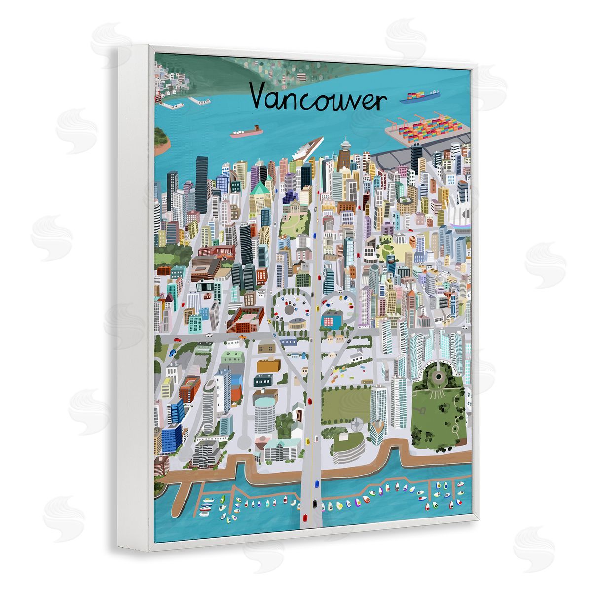 Colorful Vancouver Canada Landmarks White Frame Print Wall Art, Home Decor by Carla Daly